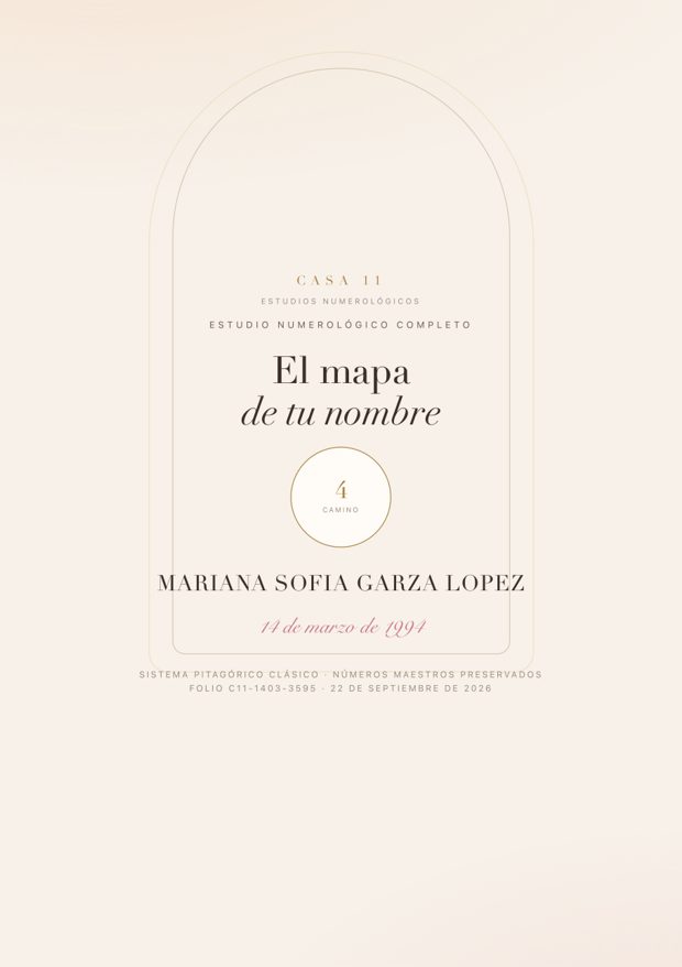 Portada del estudio numerológico, con un nombre de ejemplo
